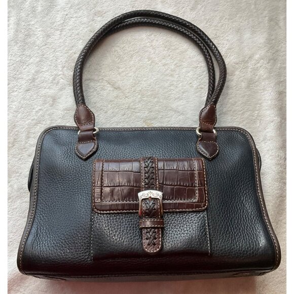 Vintage Brighton Black & Brown Leather Satchel Shoulder Bag Crock Embossed Y2K - Picture 1 of 16
